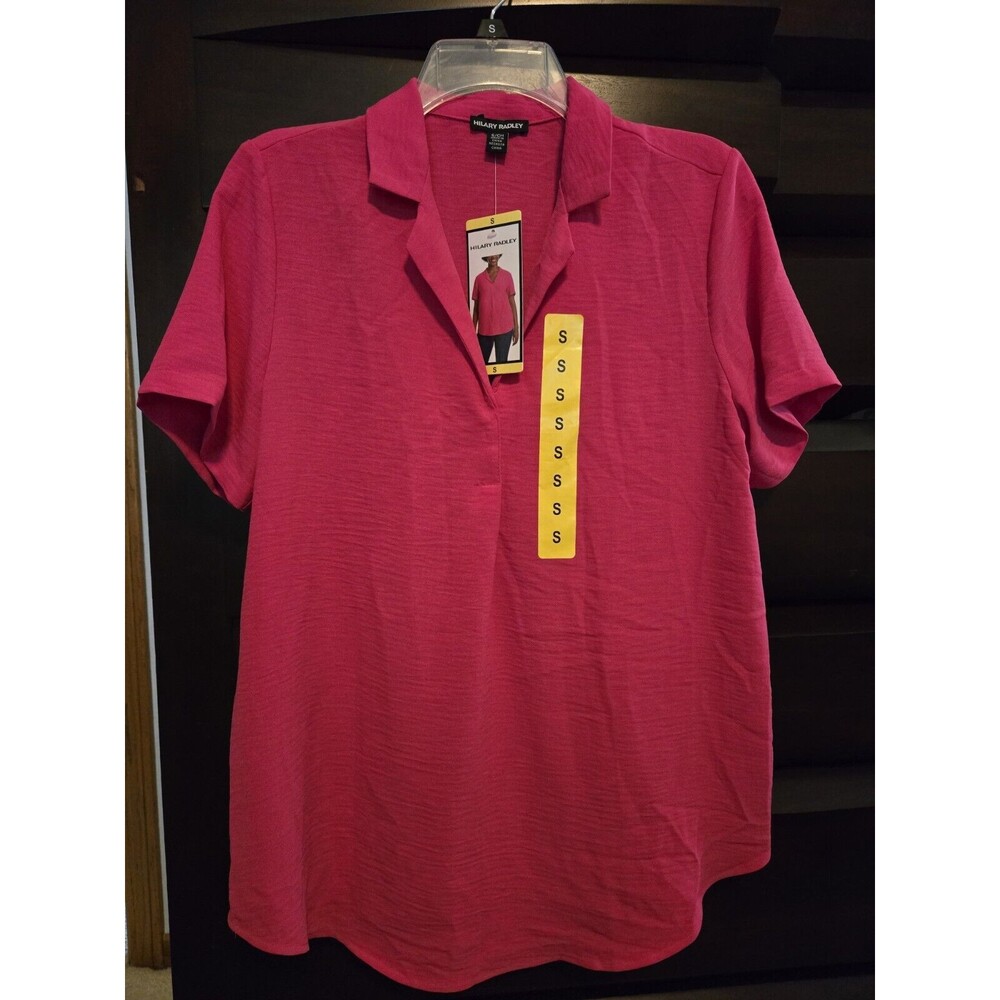Hilary Radley Women's V-Neck Short Sleeve Blouse, Pink, Size S